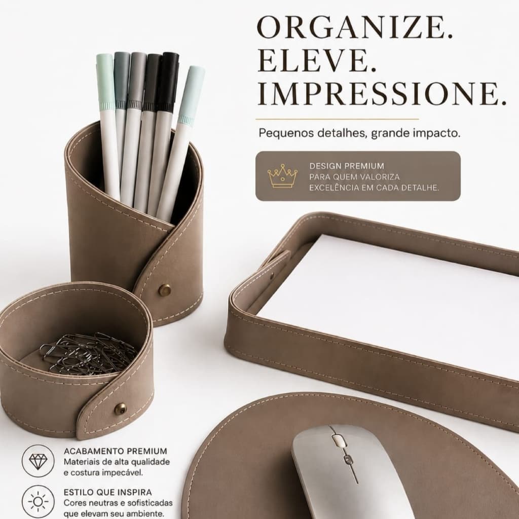 Kit Escritório 4 Peças em Couro Ecológico  Mouse Pad Porta Caneta Porta Clips e Bandeja Organizadora
