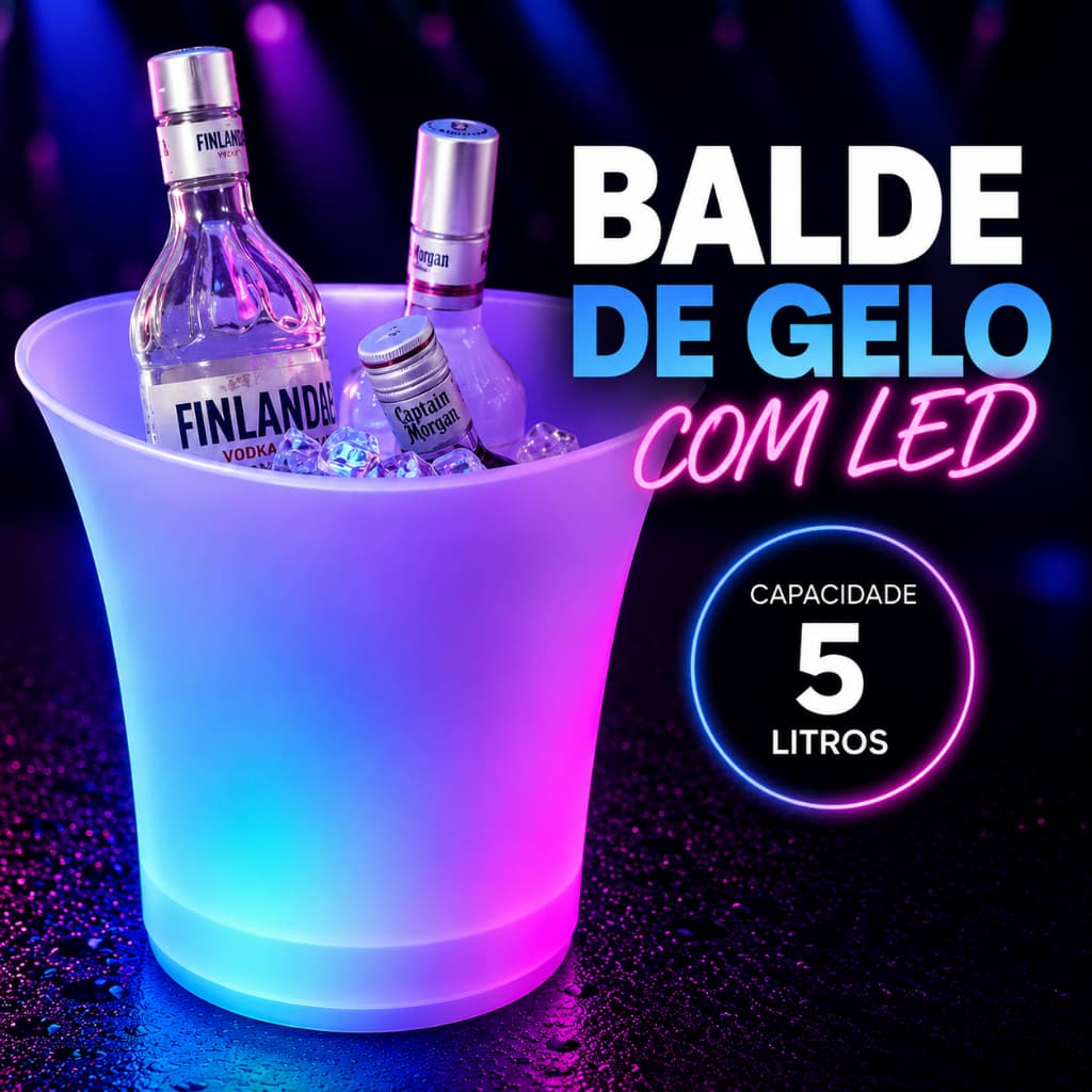 Balde de Gelo com Led 5 Litros de Acrílico para Champanhe Whisky e Cerveja em Festa Bar e Balada