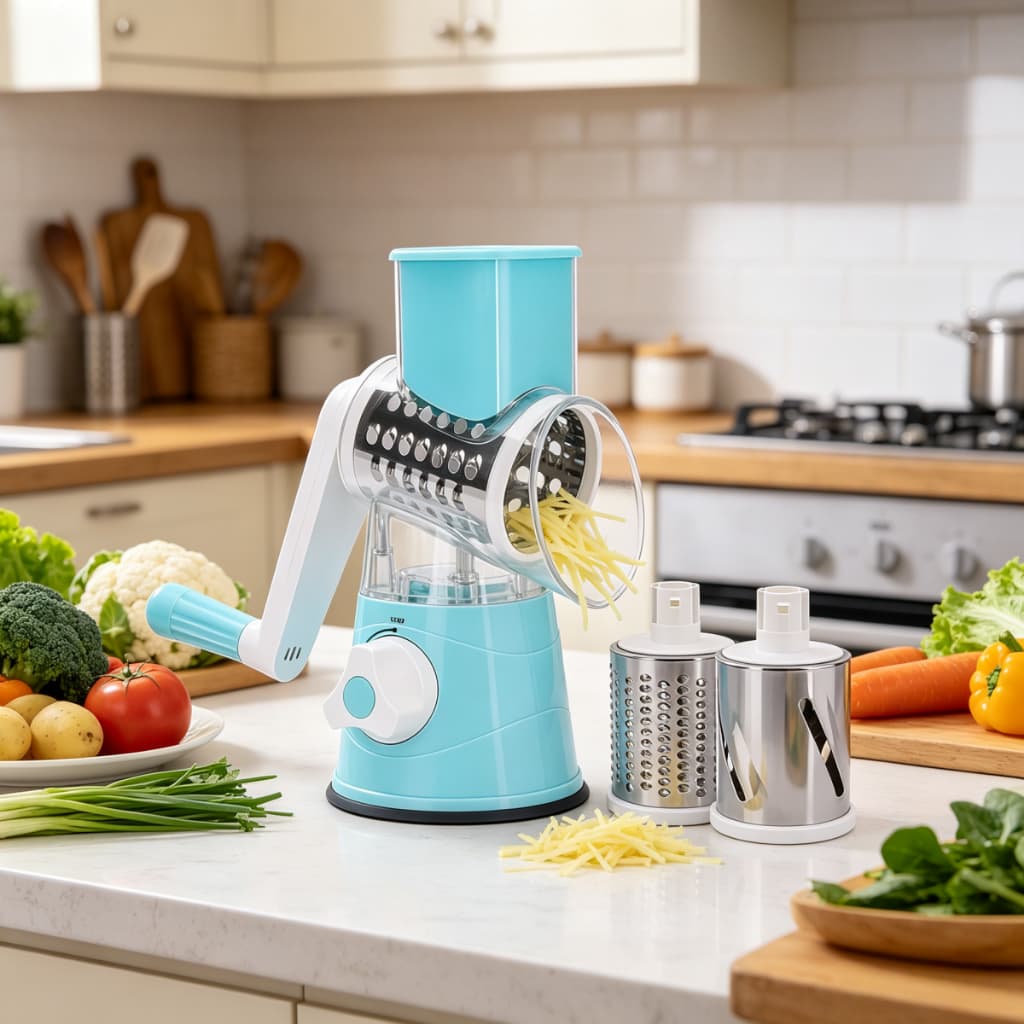Cortador e Ralador Giratório de Mesa, 3 Lâminas Inox para preparar legumes e verduras U11