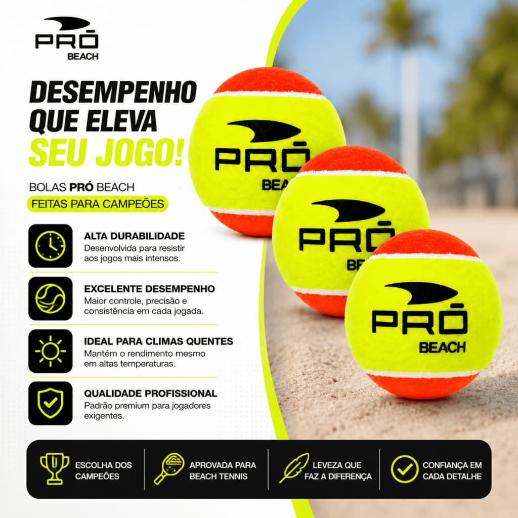 Kit 3 Bolas Beach Tennis Pro Balls Profissional Alta Durabilidade e Controle Para Quadra de Areia