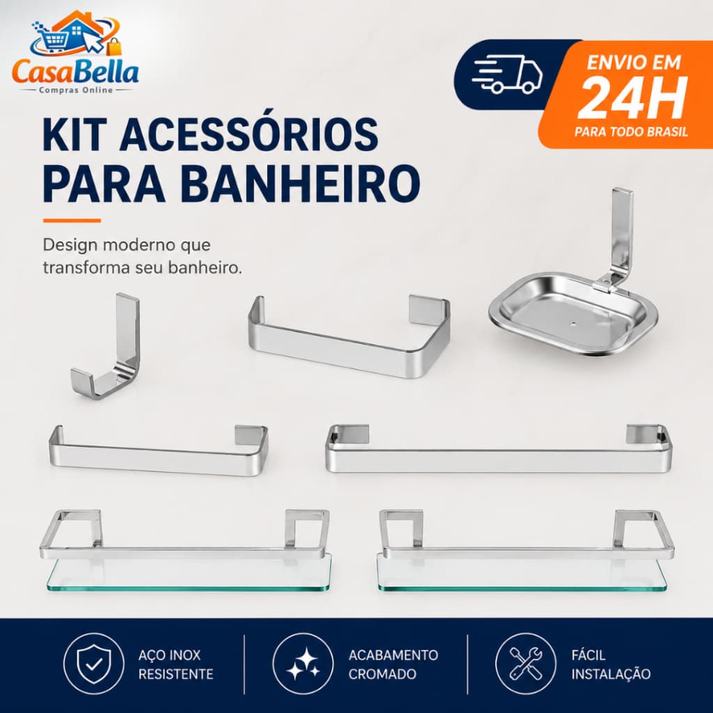 Kit Acessórios Para Banheiro Quadrado 5 Peças Luxo Cromado + 2 Porta Shampoo Reto Incolor.