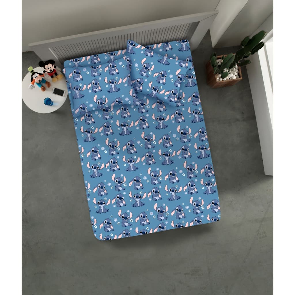 Jogo de Cama Casal Azul Stitch Disney Algodão Lençol Elástico e Fronhas
