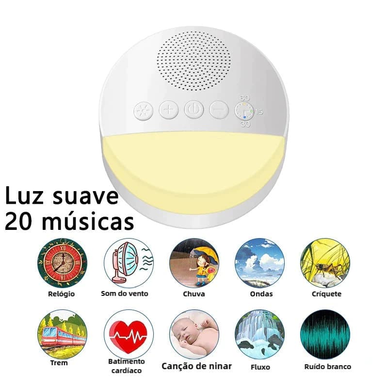 Reprodutor Portátil de Som de Sono para Crianças Música e Ruído Branco Dispositivo Auxiliar de Sono com Música e Luz
