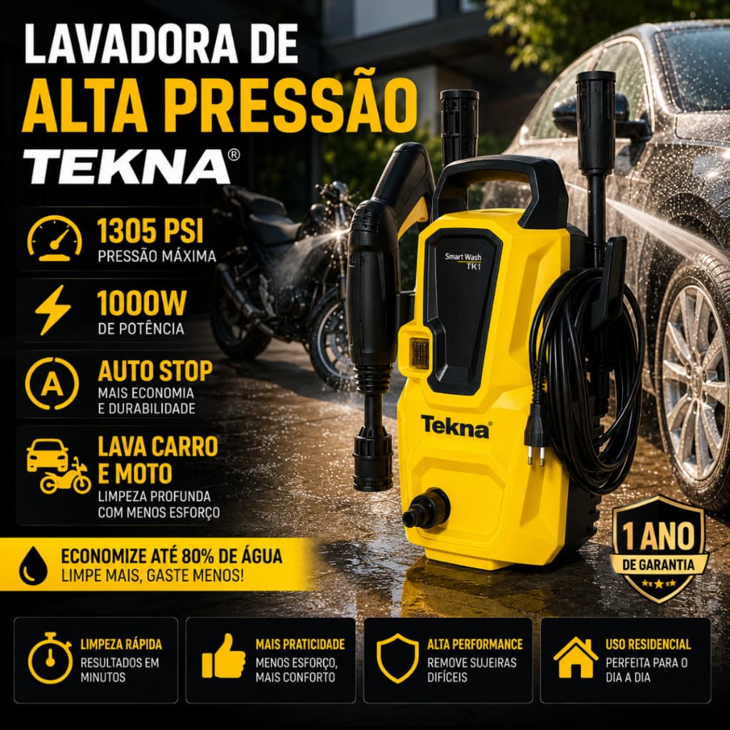 Lavadora Alta Pressão Tekna 1305 PSI 1000W Compacta Auto Stop Lava Carro Moto Calçada Quintal 127V