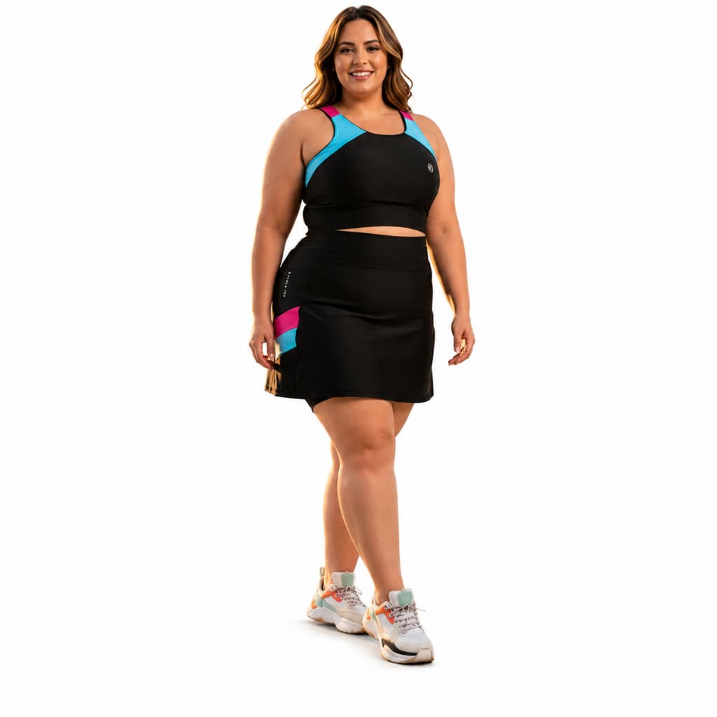 Conjunto Fitness Plus Size Feminino Academia Saia Com Short Por Baixo Top Sem Bojo compressoã Moda Evangélica Grandes