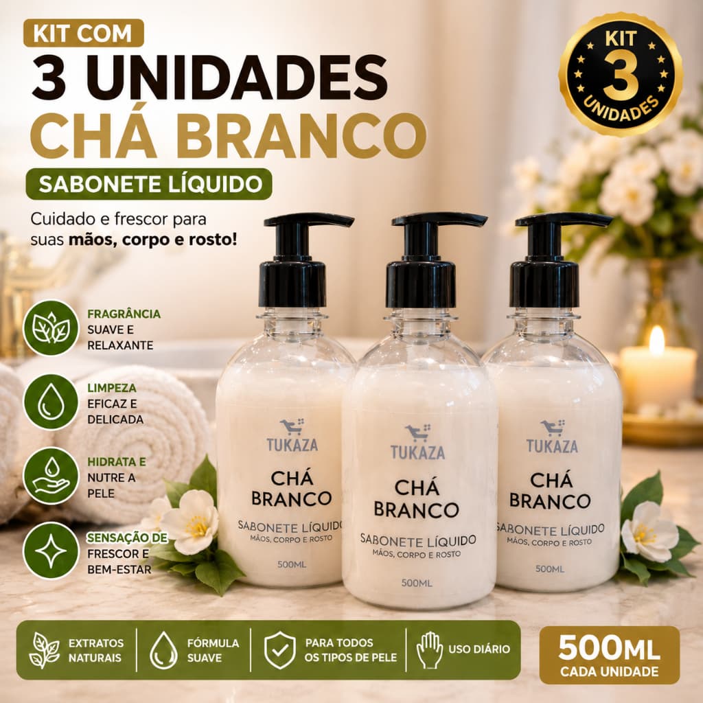 Kit 3 Sabonetes Líquidos Chá Branco 500ml Perfume Suave Banheiro Luxo Lavabo Casa Mãos Corpo E Rosto