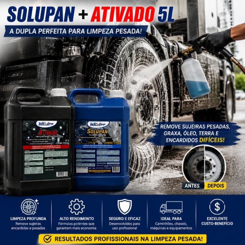Kit Solupan + Ativado 5L Desengraxante Alcalino e Desincrustante Ácido Limpeza Pesada Automotiva
