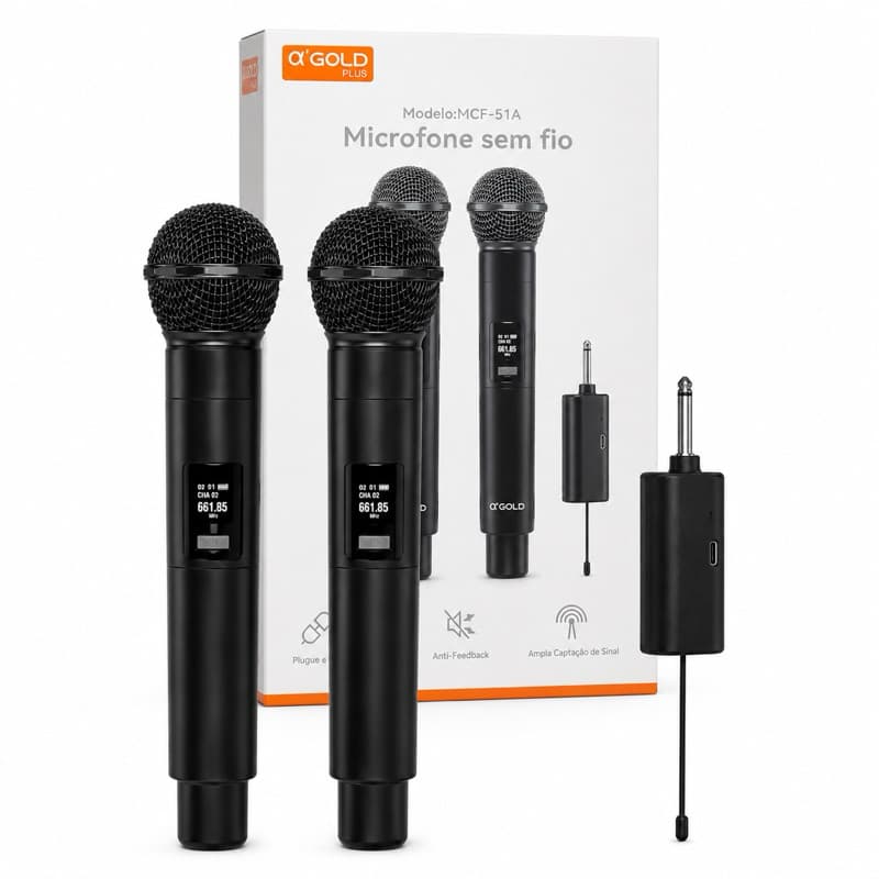 Microfone Sem Fio Duplo A’Gold Plus MCF-51A com Receptor P10 para Karaokê Igrejas Festas Eventos