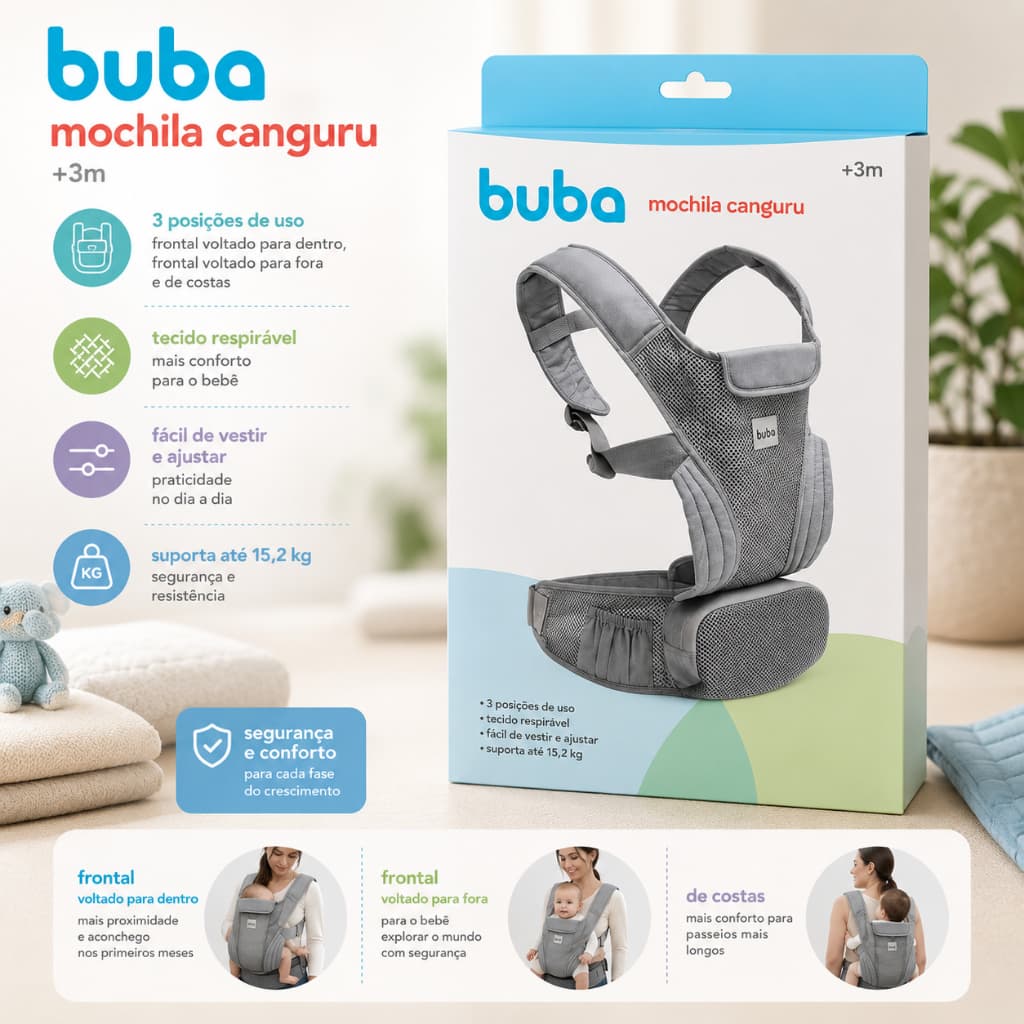 Mochila Canguru Cinza Buba – Seu Pequeno Sempre por Perto