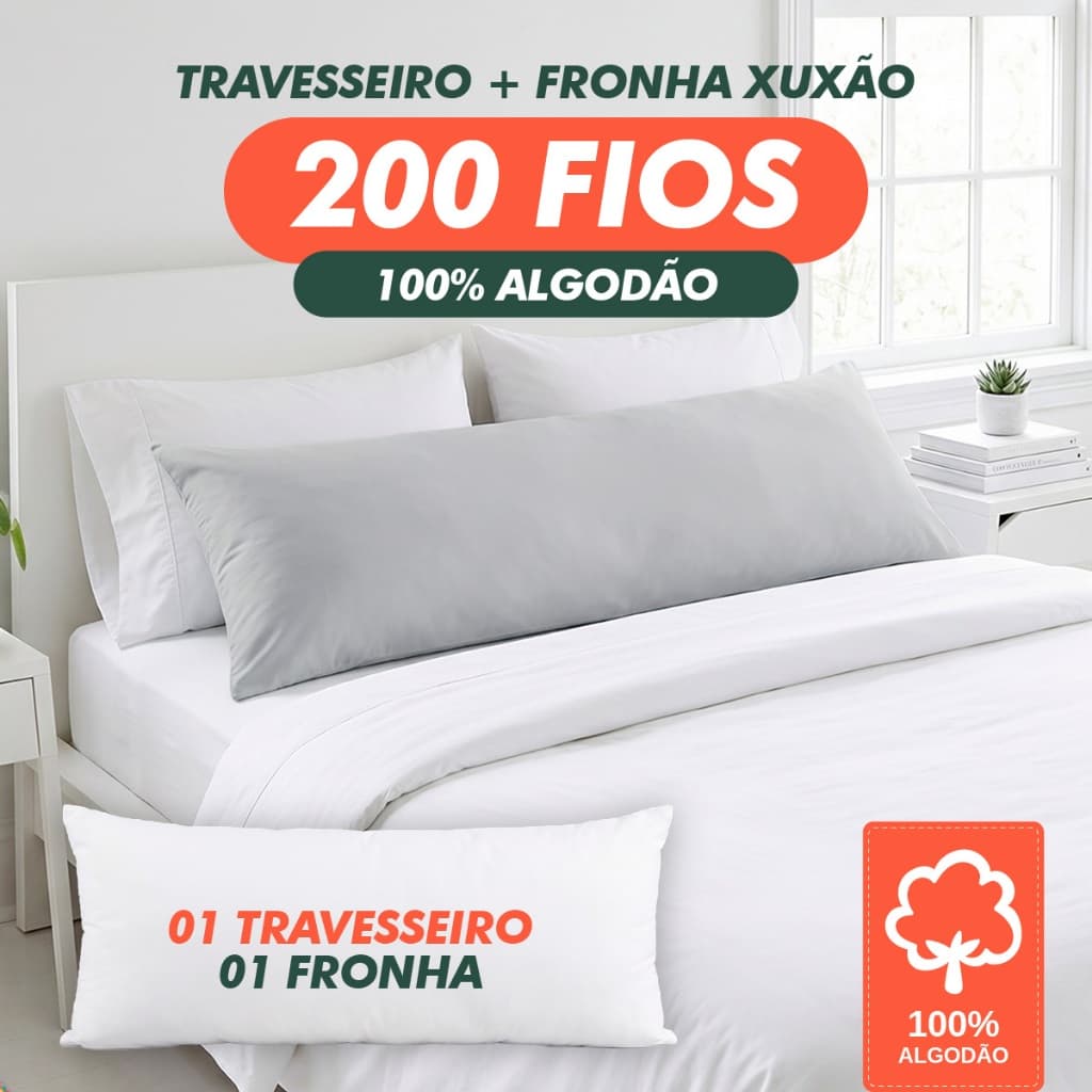 Travesseiro de Corpo Xuxão Percal 200 Fios 100% Algodão Capa de Ziper + Refil 1,40x0,45