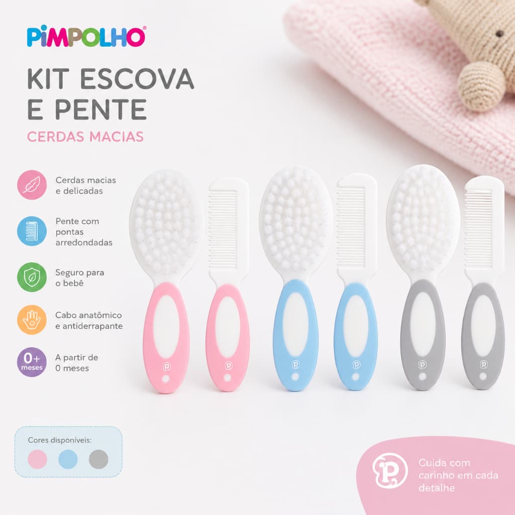 Kit 2 Peças Escova Pente Higiene Bebê Cerdas Macias Pimpolho