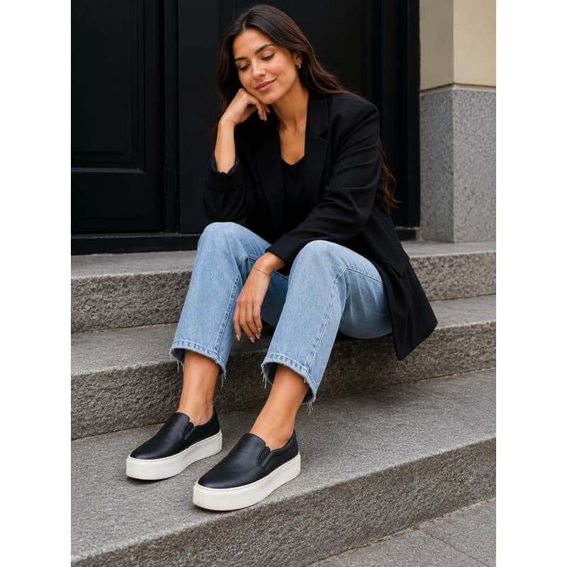 Tênis Slip On Feminino Preto Plataforma Flatform Casual Tamanho 36