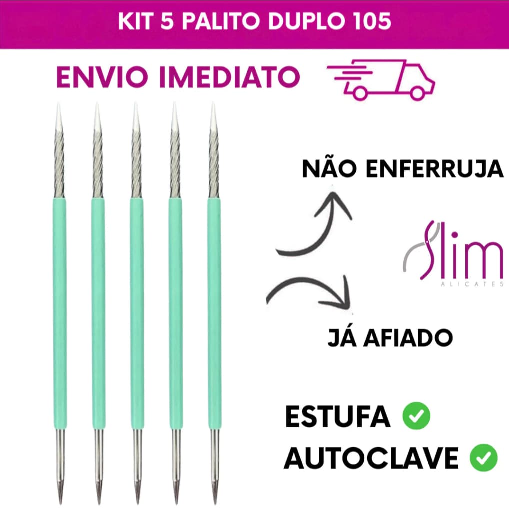 Kit 5 Palito Duplo 105 Cutícula Manicure Pedicure Cutelaria Unha verde Silicone Esterilizável Inox Slim