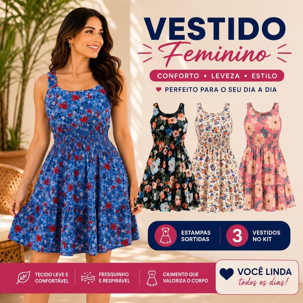 Kit 3 Vestidos Regata Com Elastex e Alça Babado Liganete Confortável Estampa Sortida