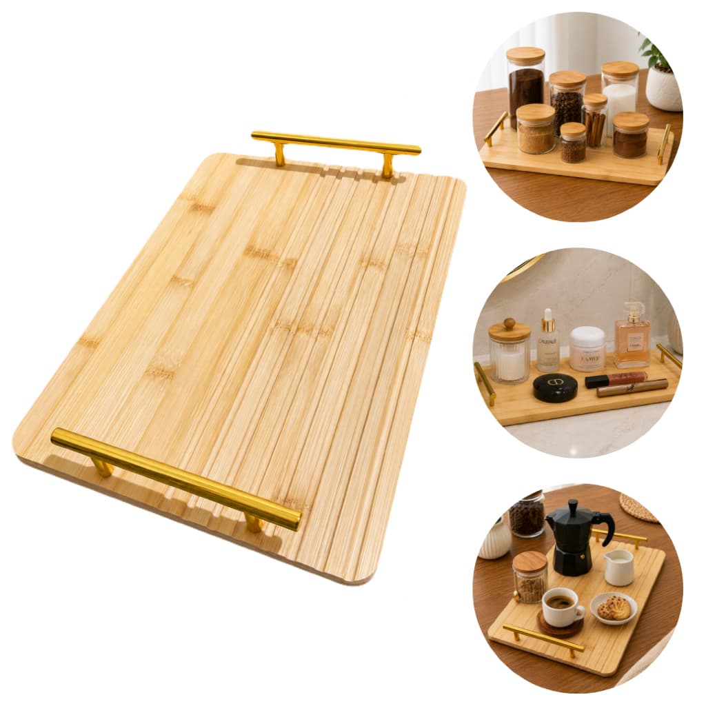 Bandeja c/ Alças Servir Café Organizar Decorar Banheiro Cozinha Bambu 33 cm