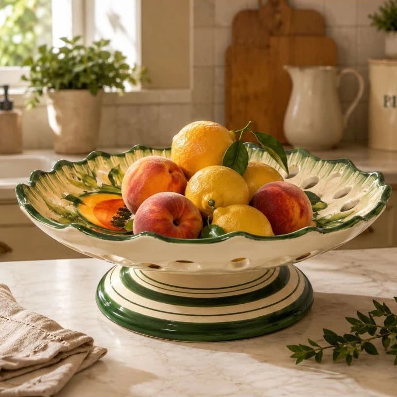 Fruteira Estilo Retrô Colonial Em Cerâmica Floral p/ Decoração Cozinha Feita e Pintada a mão.