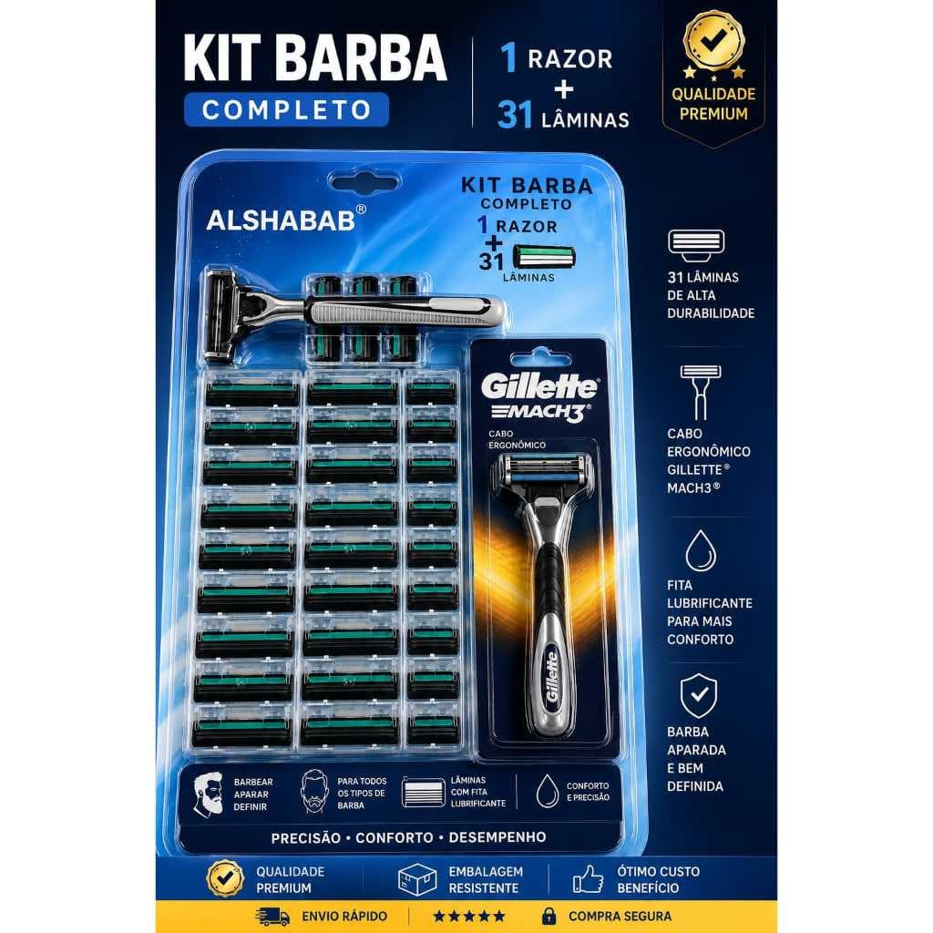 Kit Barba Completo Mach3 1 Aparelho + 31 Lâminas Refil Barbeador Masculino Profissional Alta Durabilidade