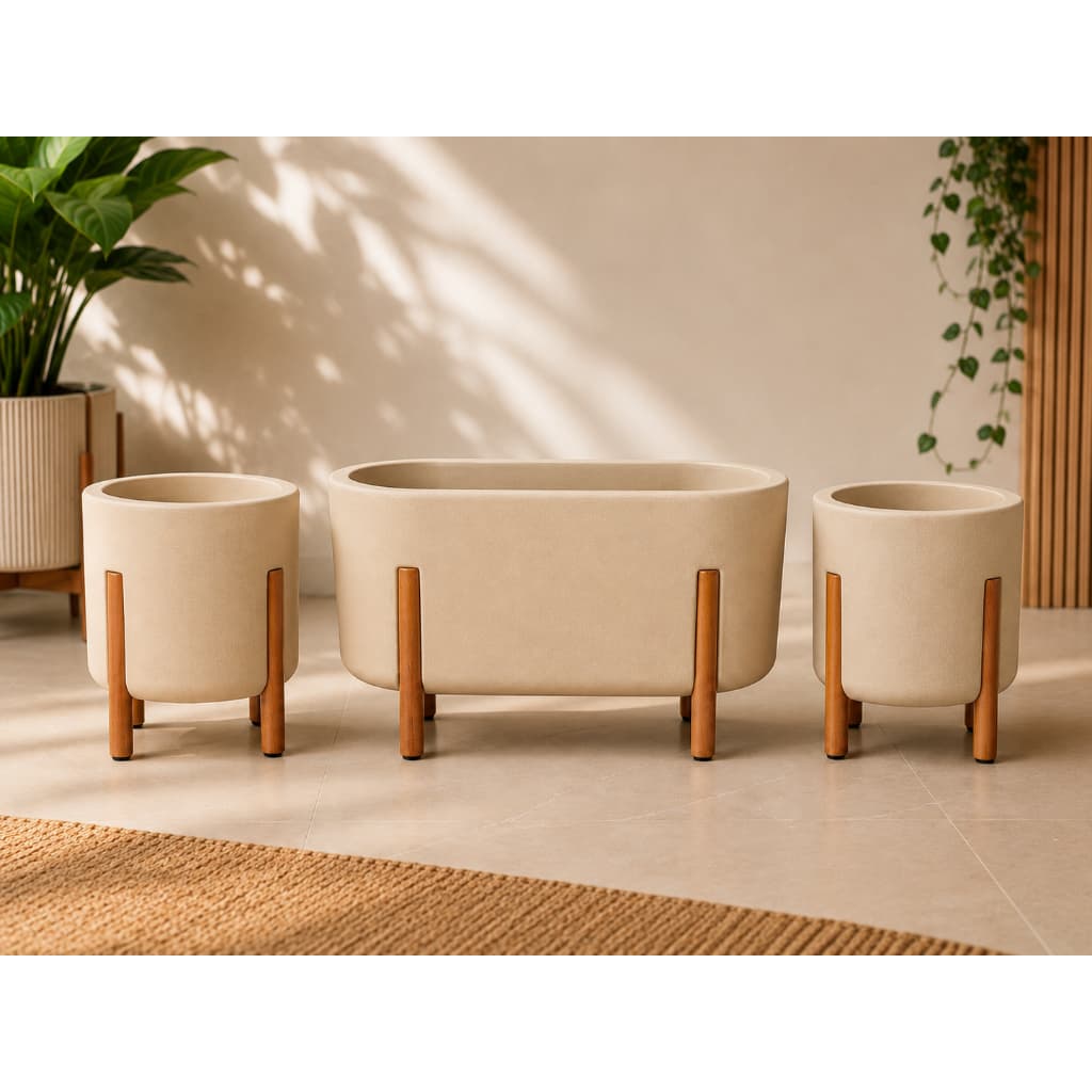 Kit Floreira Nórdica 2 Vasos Nordicos Decorativos Polietileno Pés Madeira Vasos Plantas Jardim Luxo