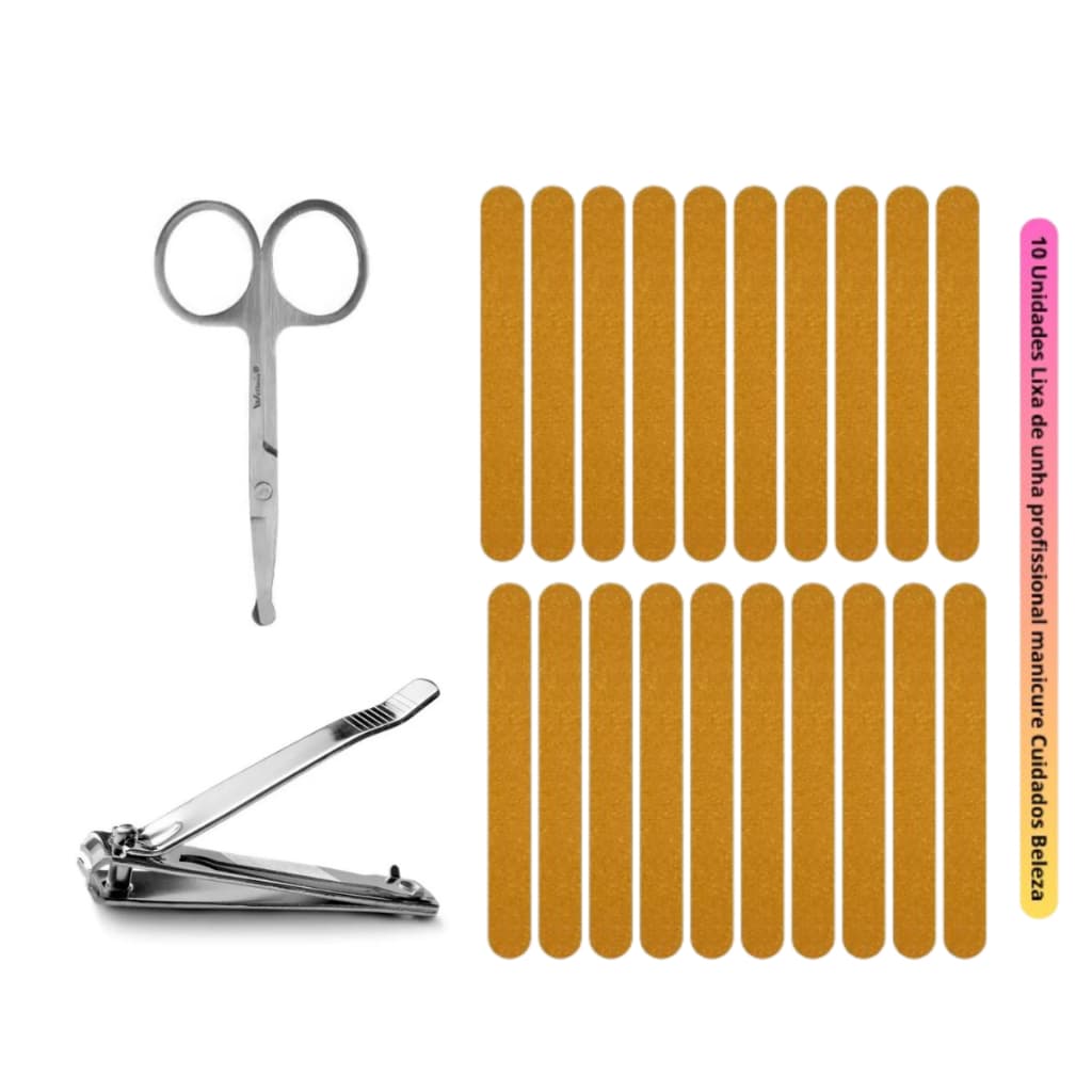 Tesourinha + Cortador de unha + 10 Lixas de unhas Kit Limpeza Unhas Profissional