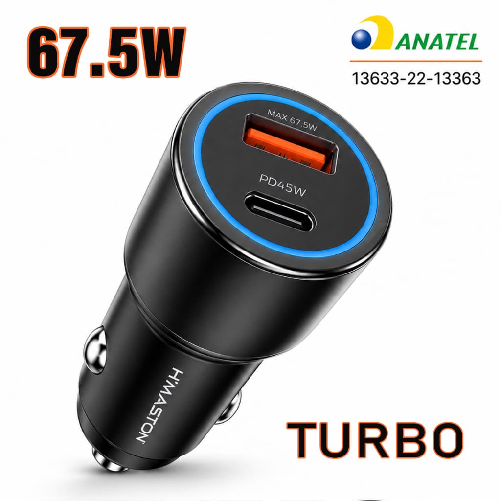 Carregador Veicular 67,5W USB-C PD + USB-A QC 3.0 Carregamento Rápido para Carro 12V/24V