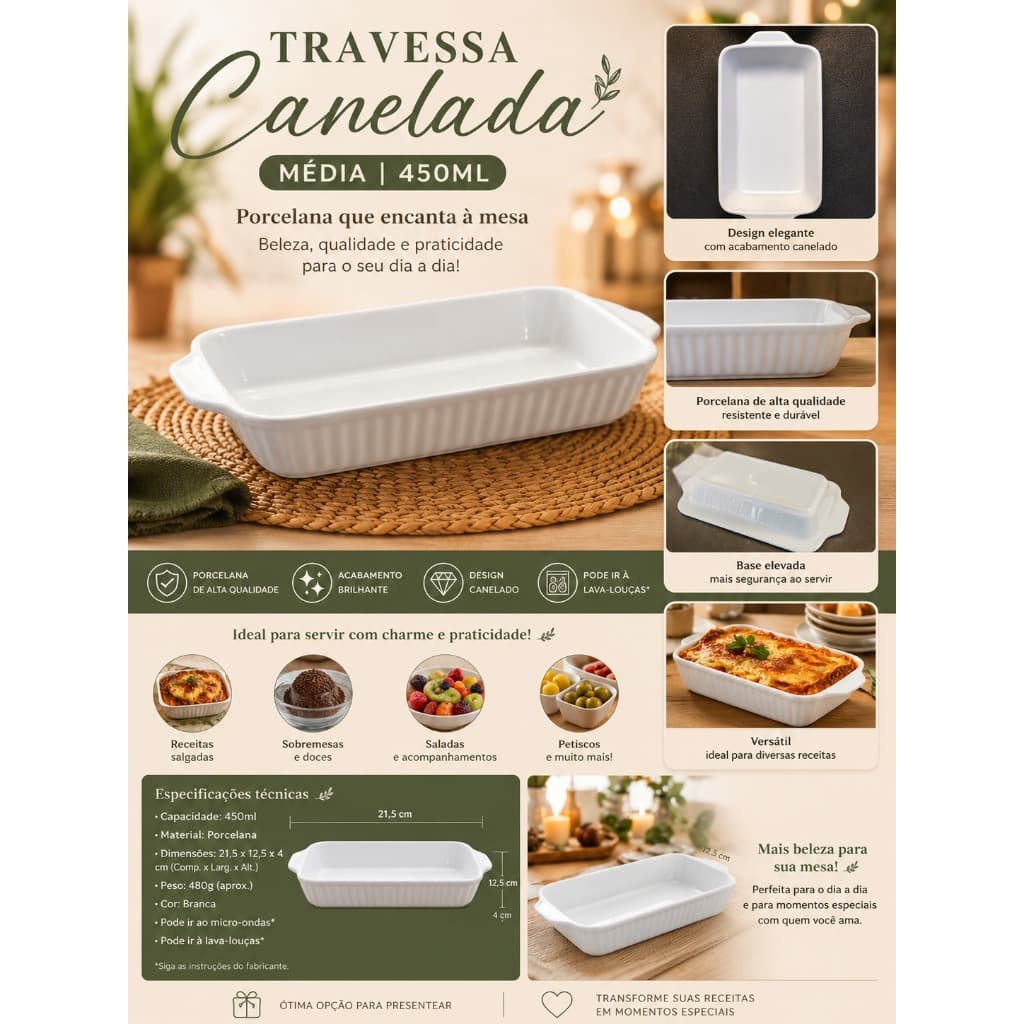 Travessa Retangular Refratária de Porcelana Canellada 300ml 450ml para Forno e Mesa
