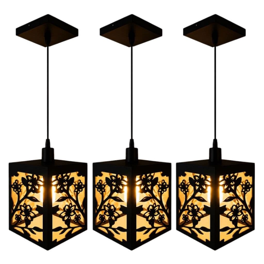 Kit 3 Luminarias Pendente Flores Teto Lustre Moderna Decorativo Luxo Cozinha Sala Mdf Preta Elegante Minimalista