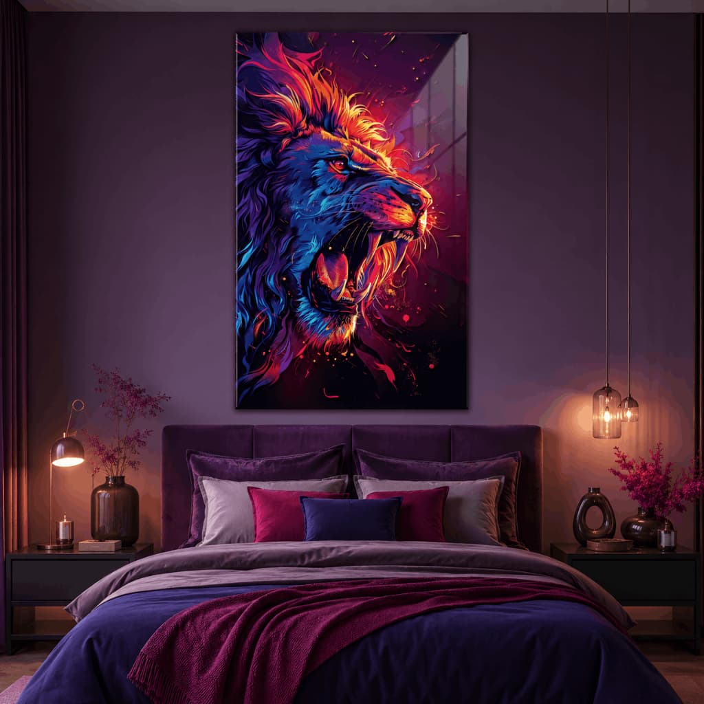 Quadro Decorativo Leão Colorido Neon Rugido Poder Luxo em MDF