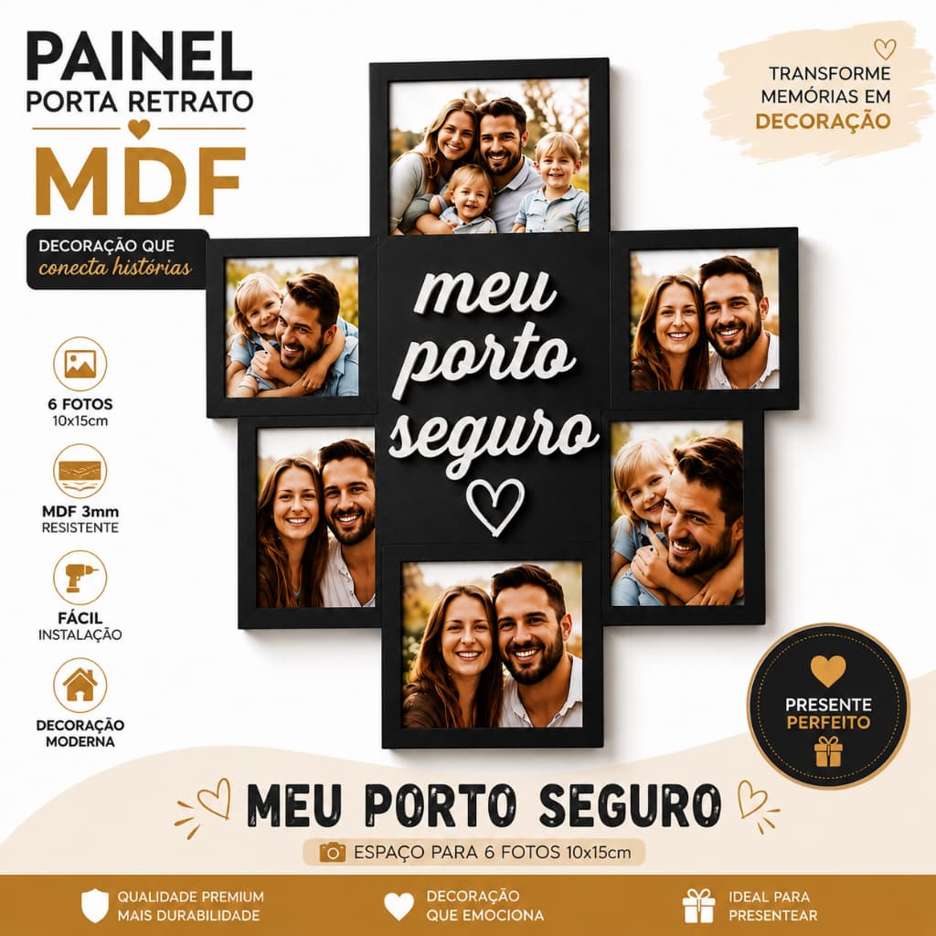 Painel De Fotos MDF Meu Porto Seguro Porta Retrato Decorativo Sala Quarto Família