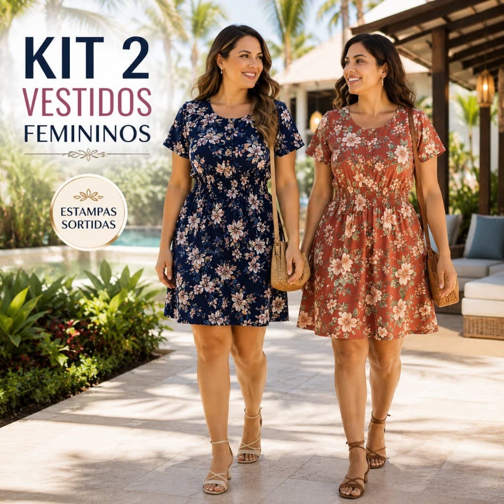 Kit 2 Vestidos Femininos Manga Curta Elastex Cintura e Botões Estampa Floral Sortida Casual