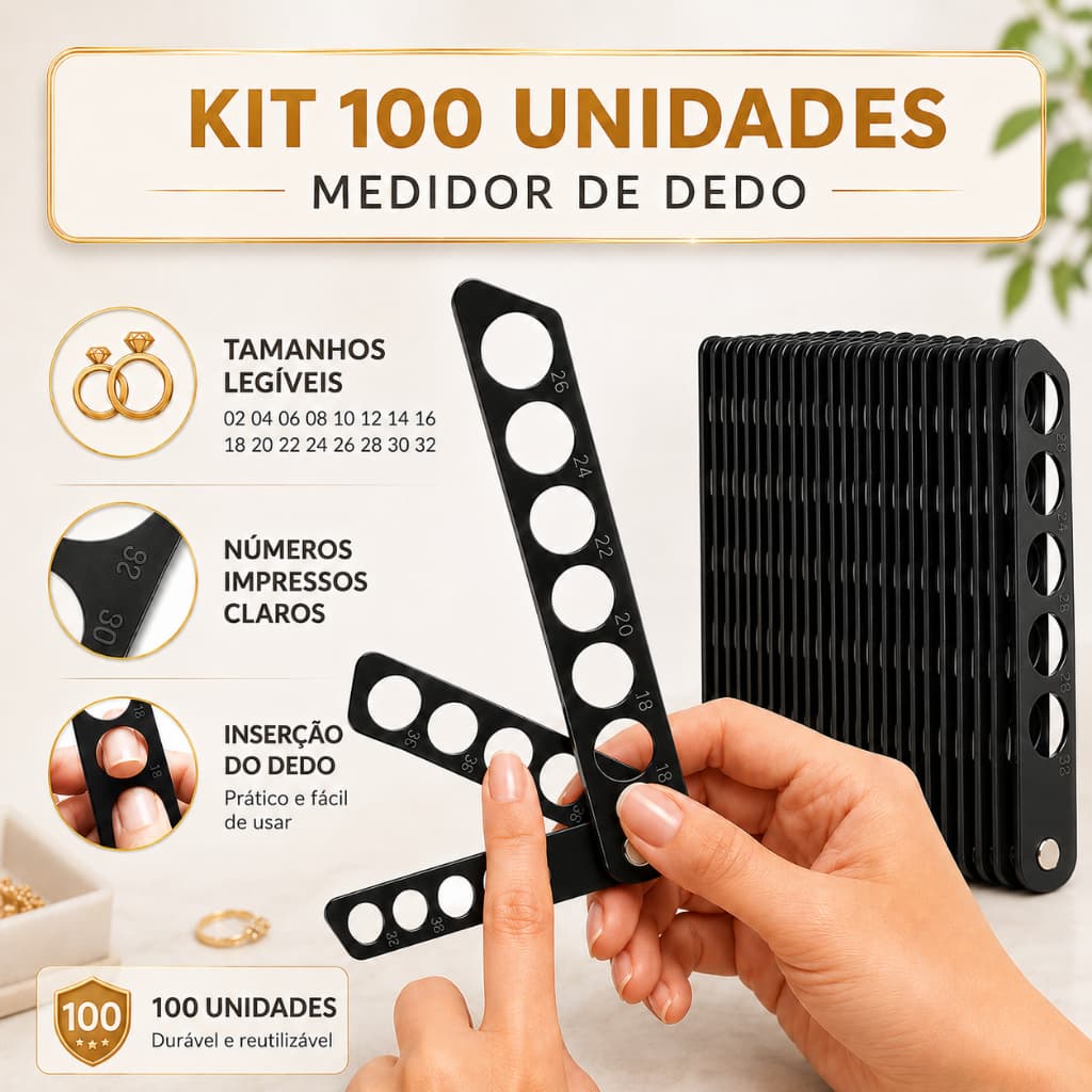 Kit 100 Medidor de Dedo Para Anel e Aliança Régua Medidora de Aro Profissional 02 ao 32