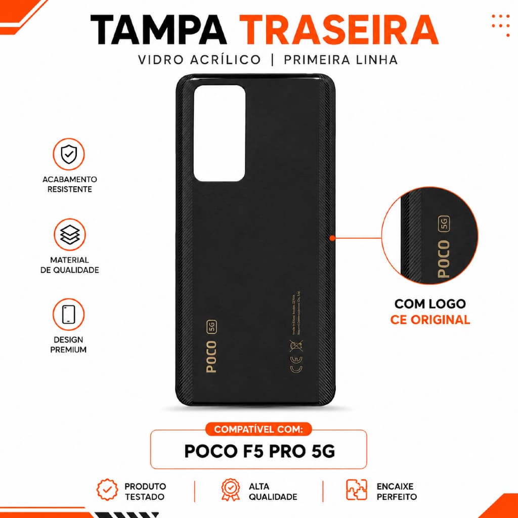 Tampa Traseira Poco F5 Pro 5G Preto C/ Logo CE Vidro Acrílico 1ª Linha C/ DuplaFace Encaixe Perfeito