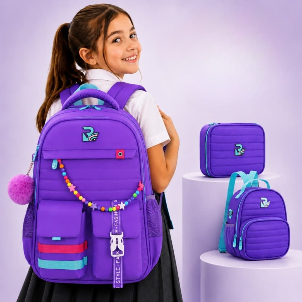 Mochila Feminina Escolar Grande Com Efeites Pompom 3 Peças Lancheira Estojo Confortável Modelo Moderno Escola Viagem