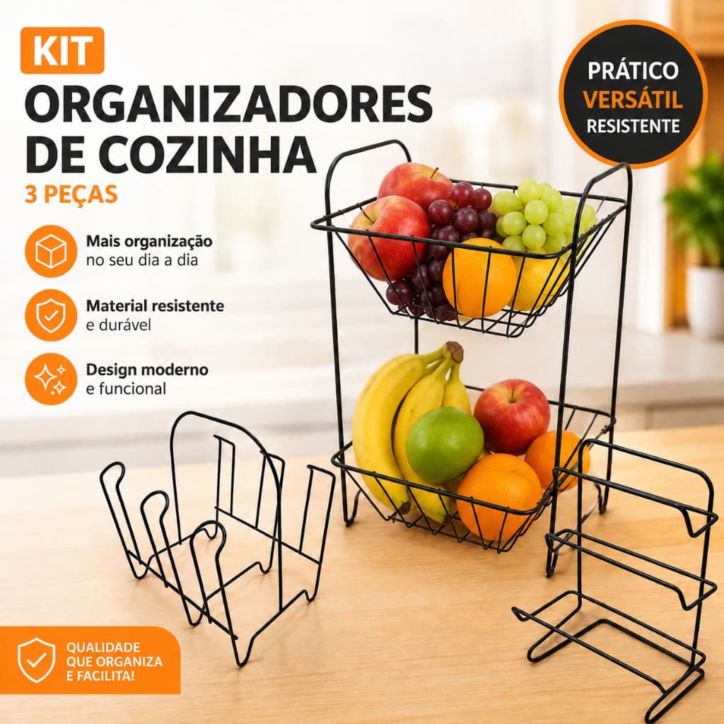 Kit Organizadores de Cozinha 3 Peças Fruteira, Porta Copos e Porta Papel Toalha