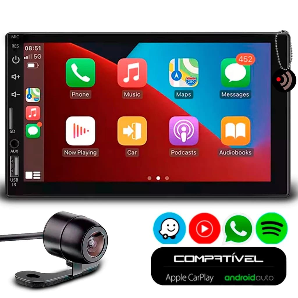 Multimídia 7 Polegadas CarPlay e Android Auto Bluetooth Usb Full Touch + Câmera de Ré Universal Colorida