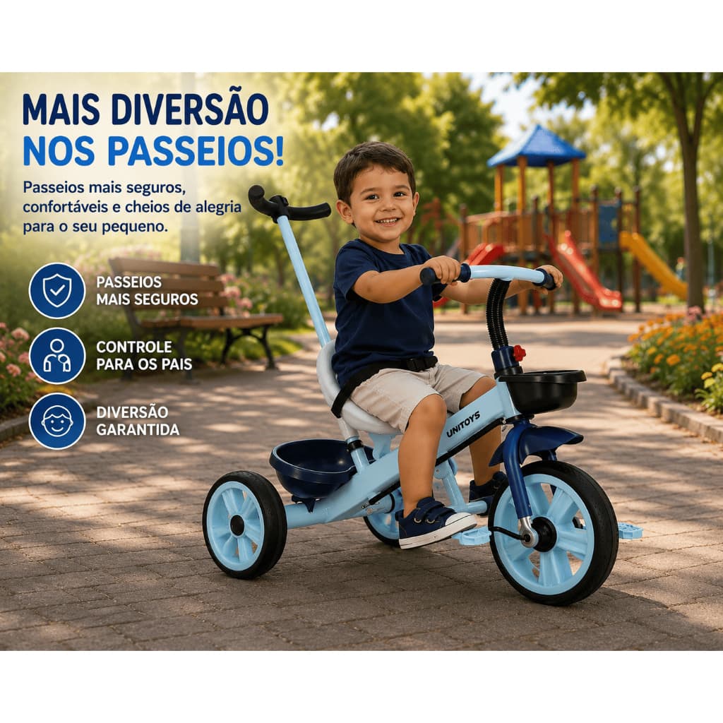 Triciclo Infantil Com Empurrador Dirigível Passeio E Pedal Azul Com Cinto E Cestas Até 25kg