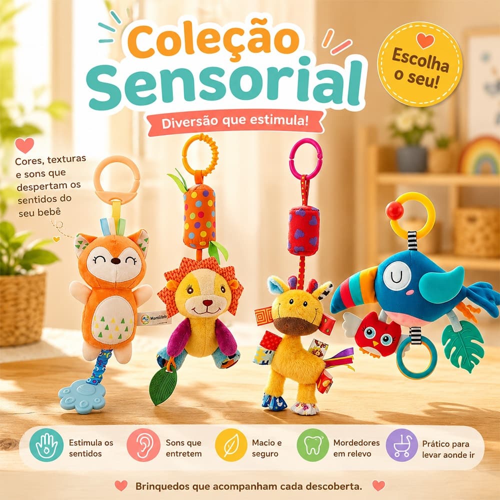 Kit Pelúcia Bebê Móbile Com Chocalho E Mordedor Berço Carrinho