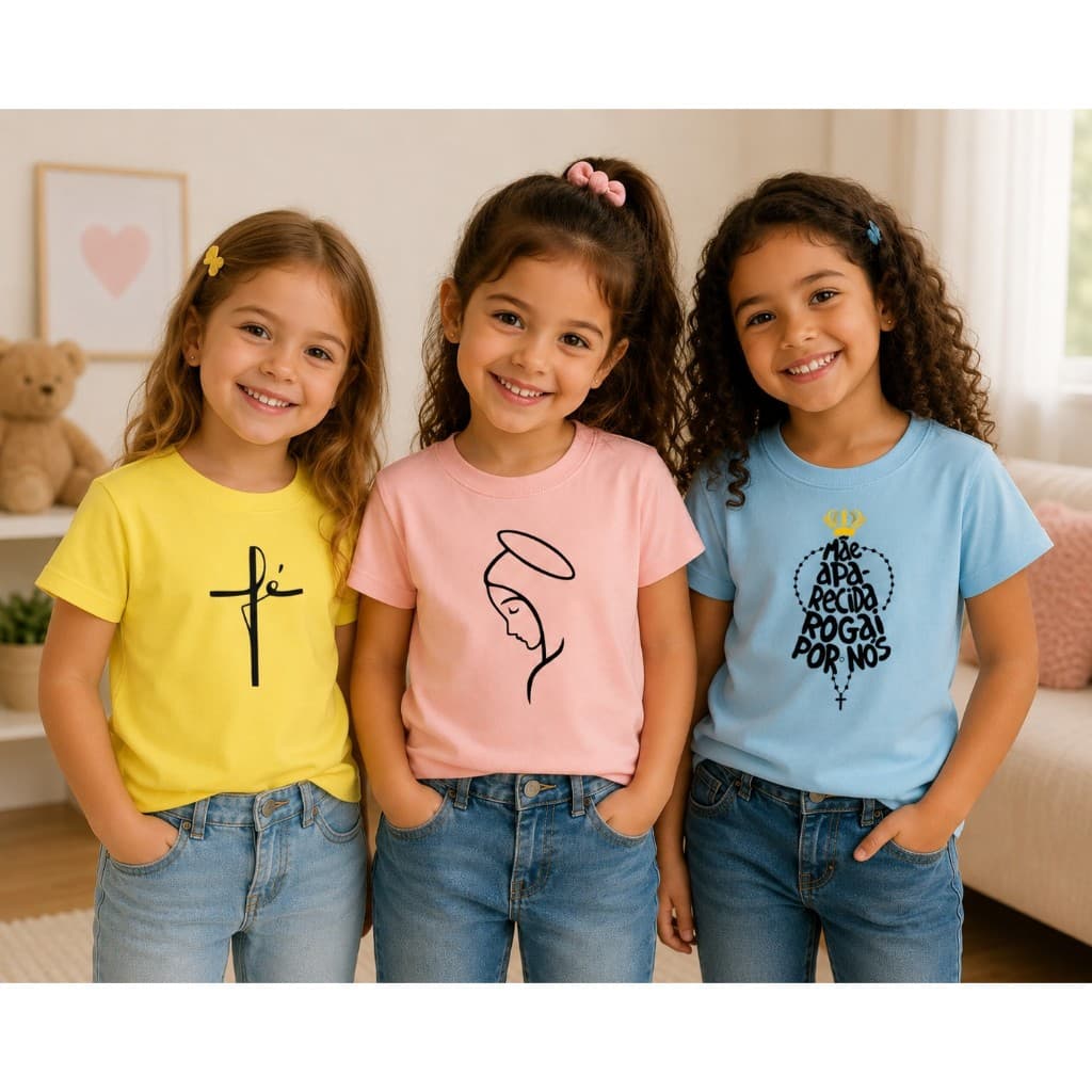 Kit 3 Camisetas Infantis Cristãs Femininas  Fé Nossa Senhora e Oração