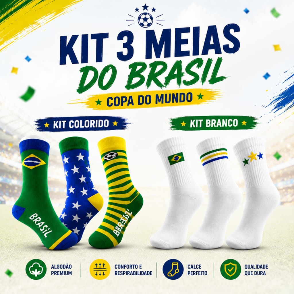 Meia Canelada Brasil Copa Do Mundo Juvenil - Kit C/ 3 Pares Branco