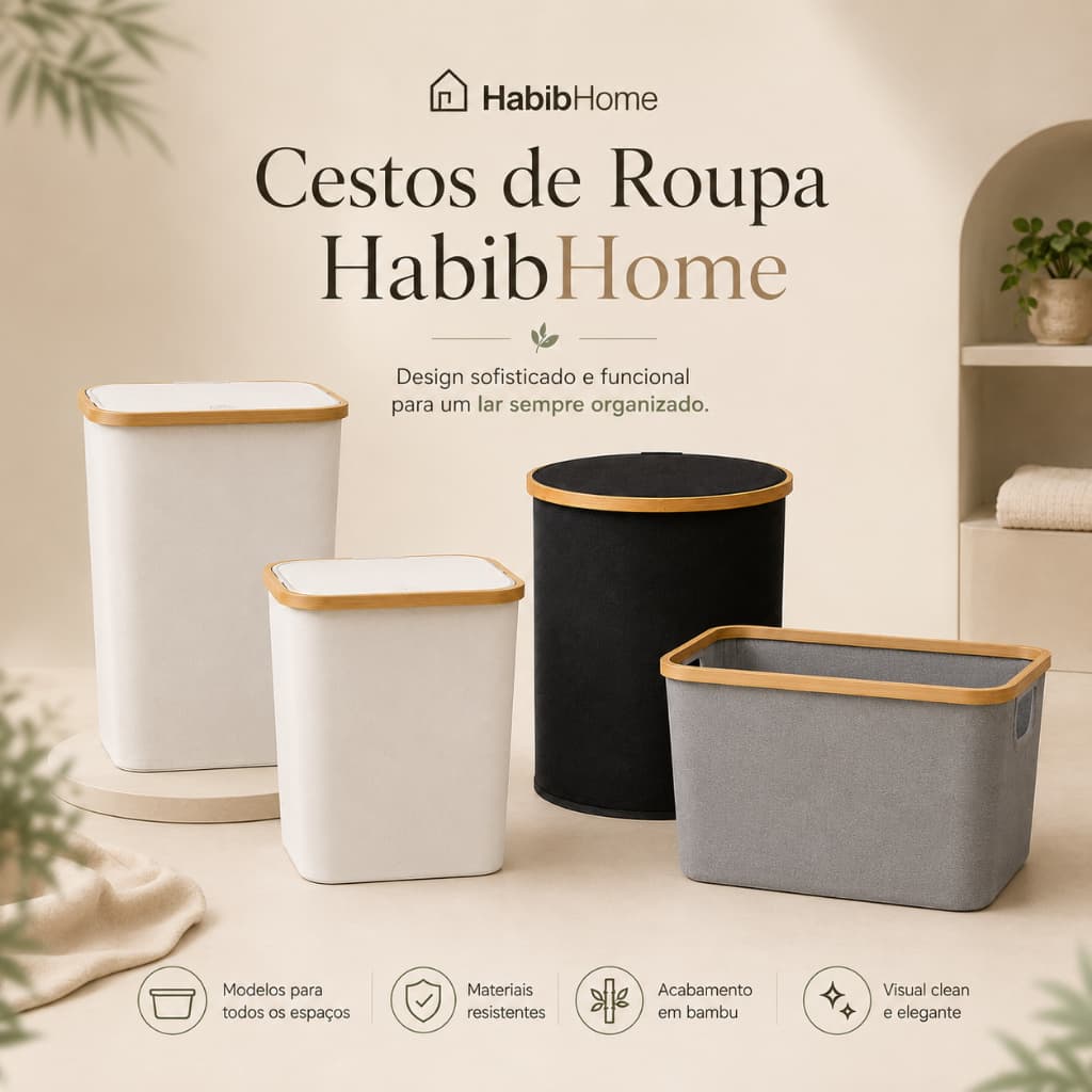 Cesto de Roupa Suja Bambu com Tampa Redondo e Retangular Organizador Premium Multiuso