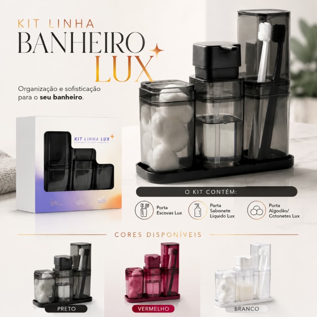 Kit Banheiro Lux 3 Peças Porta Escova Sabonete Líquido Algodão Organizer Translúcido