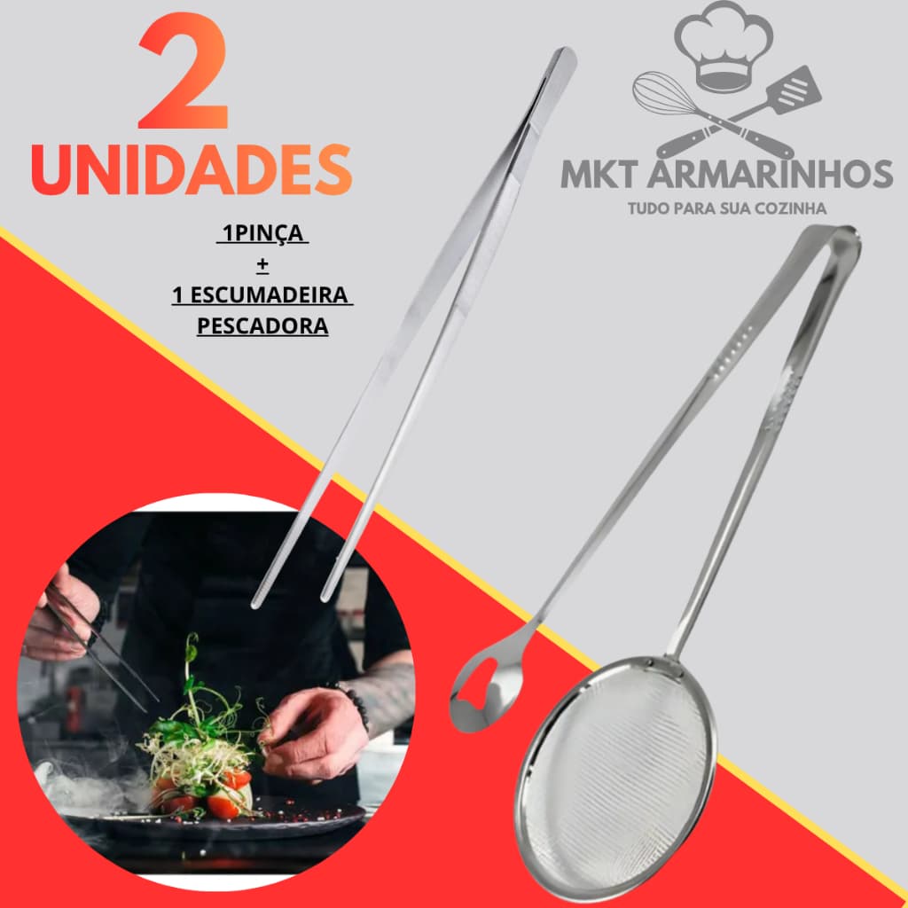 Kit 1 Pinça Culinária e 1 Escumadeira Pescadora Inox Profissional para Fritura Cozinha Industrial Gourmet Cozinheiro