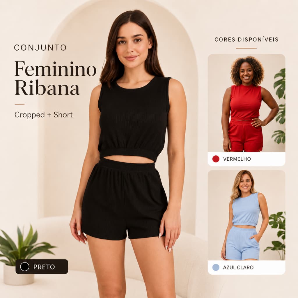 CONJUNTO FEMININO SHORT E BLUSINHA CROPPED RIBANNA QUALIDADE PREMIUM