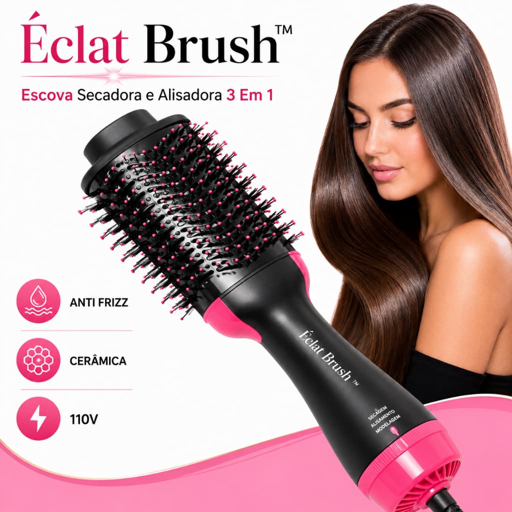 Escova Secadora e Alisadora 3 Em 1 Profissional Anti Frizz Modeladora Cerâmica 110V