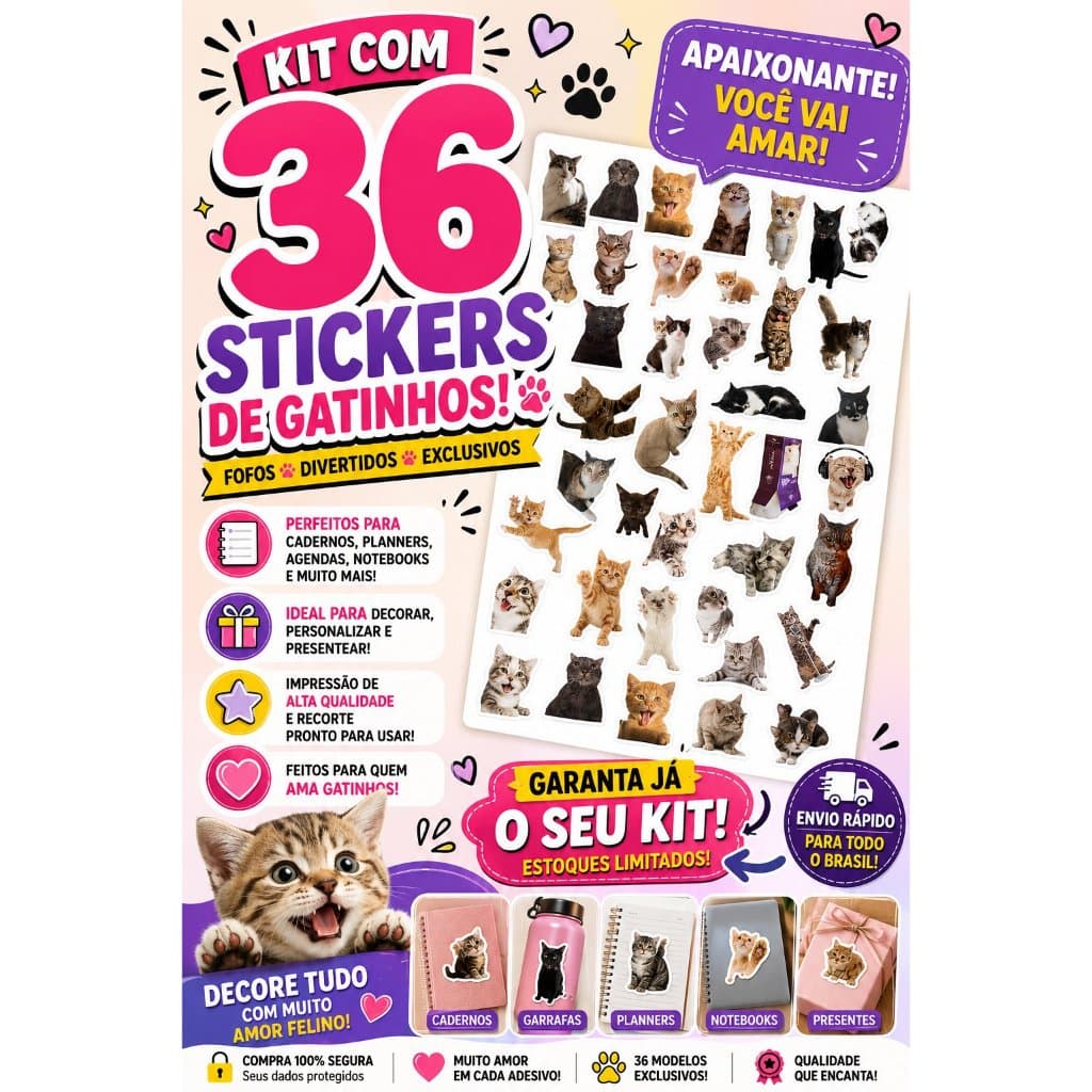 36 Stickers de Gatinhos | Adesivos para Kindle, Planner, Journal e Scrapbook