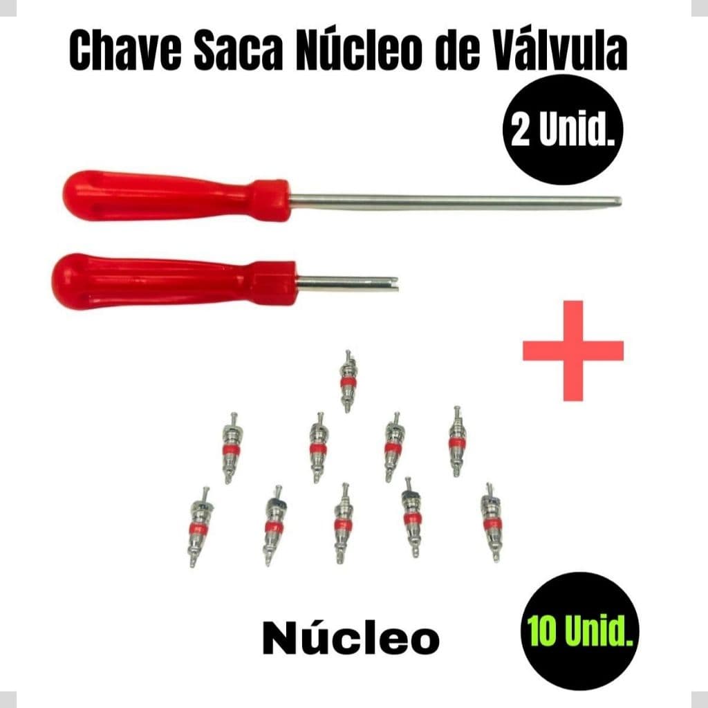 Kit 2 Chaves Saca Núcleo 25mm e 100mm Tipo Fenda + 10 Núcleos De Válvula De Pneu
