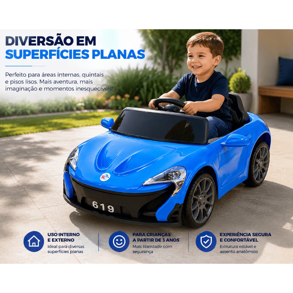 Carro Elétrico Infantil 6V Mini Esportivo Com Volante Acelerador Bateria Recarregável Azul ou Rosa