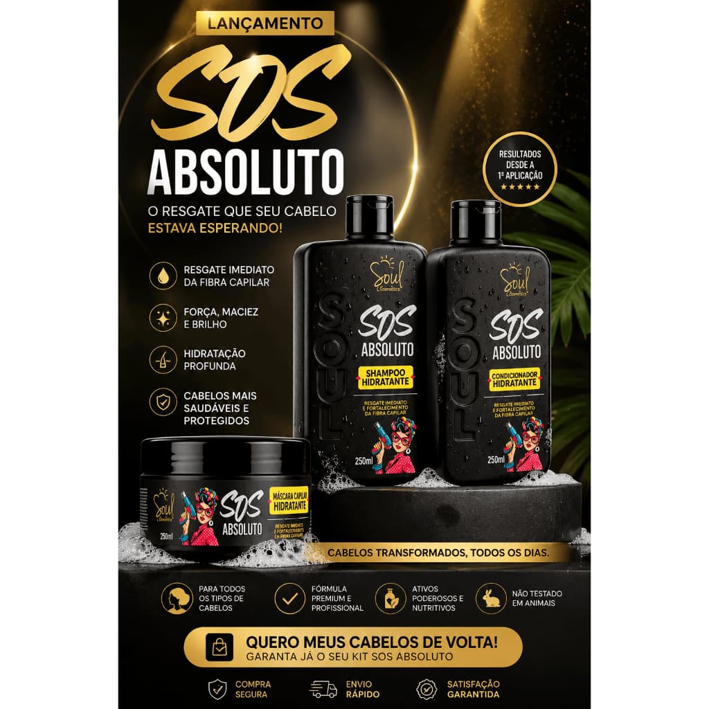 Kit SOS Absoluto Resgate Capilar | Shampoo + Condicionador + Máscara | Hidratação Profunda e Reconstrução dos Fios Cabel