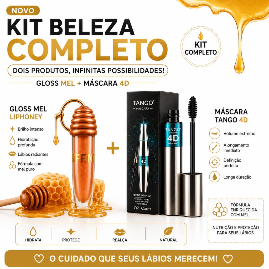 KIT GLOSS MEL LIPHONEY + MÁSCARA de Cílios TANGO 4D - Você mais Linda Gloss + Mascara Rímel Tango