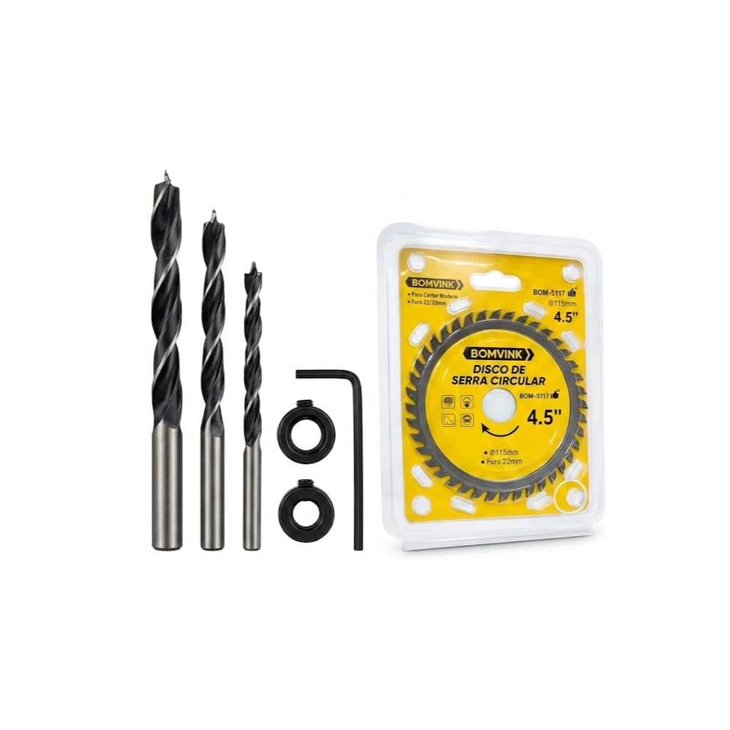 Kit 3 Brocas P/ Madeira Cavilhas + Disco Serra Circular 4.5  Madeira Mdf