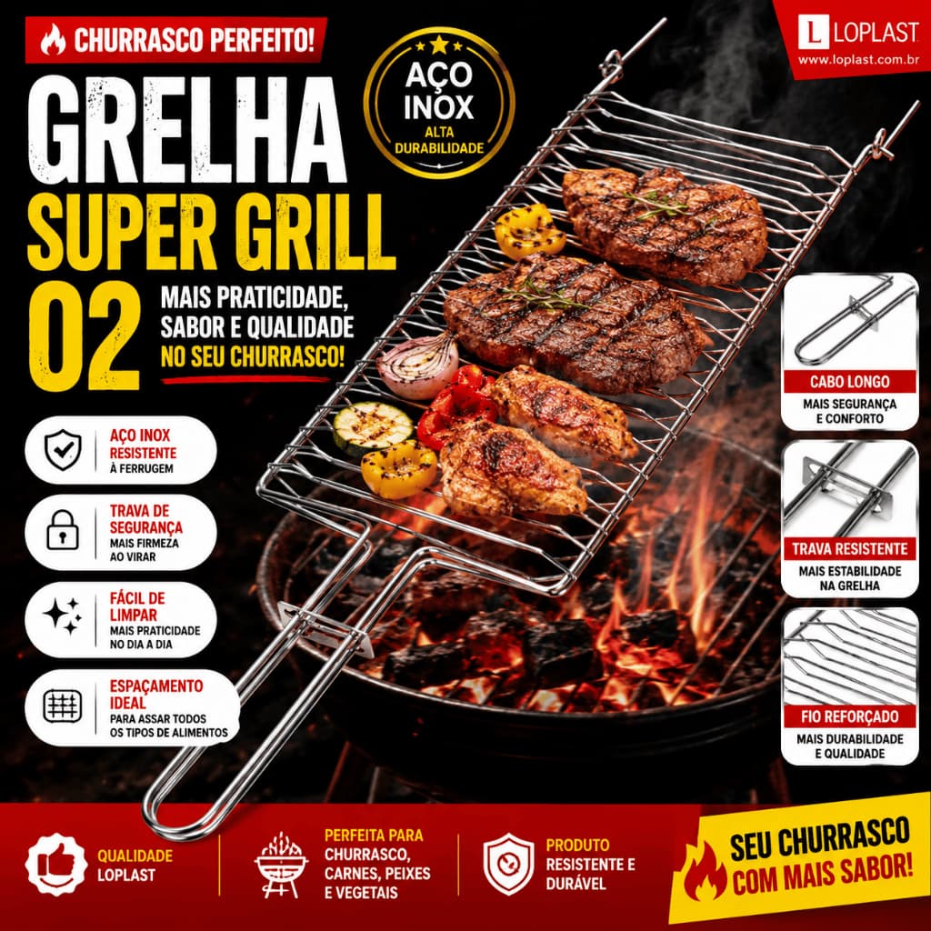 Grelha Dupla para Churrasco Super Grill 02 Aço Cromado -  Vira Carne Fácil